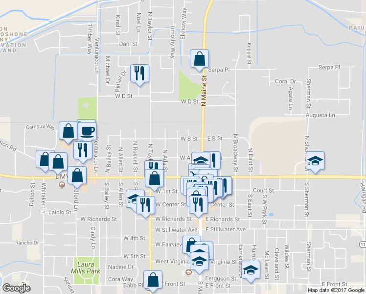 map of restaurants, bars, coffee shops, grocery stores, and more near 165 North Carson Street in Fallon