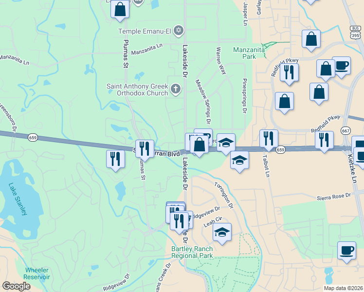 map of restaurants, bars, coffee shops, grocery stores, and more near 2008 Sunburst Way in Reno