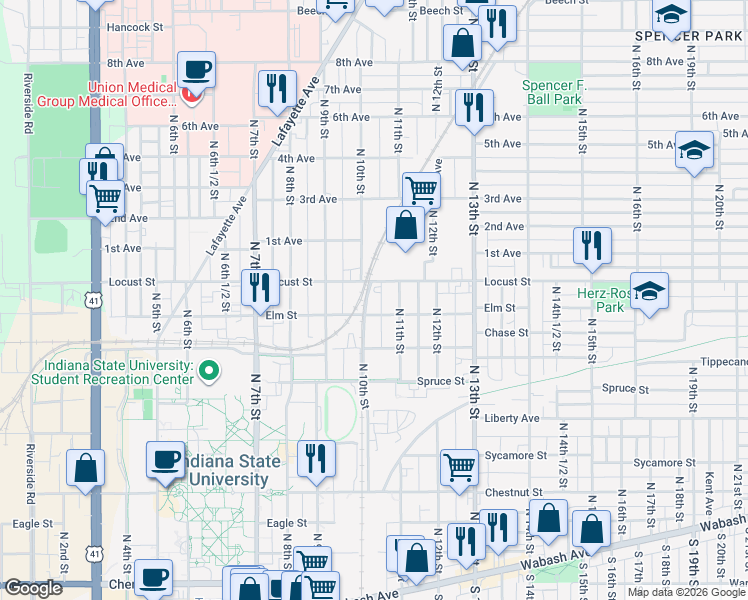map of restaurants, bars, coffee shops, grocery stores, and more near 817 North 10th Street in Terre Haute
