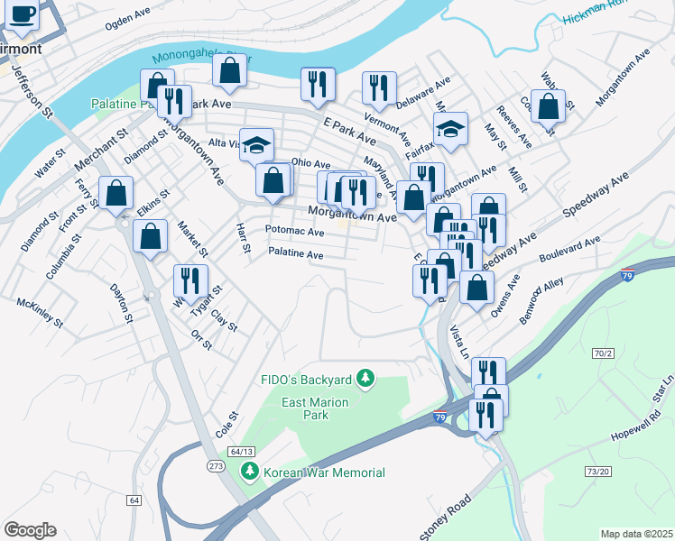 map of restaurants, bars, coffee shops, grocery stores, and more near 715 Grandview Avenue in Fairmont