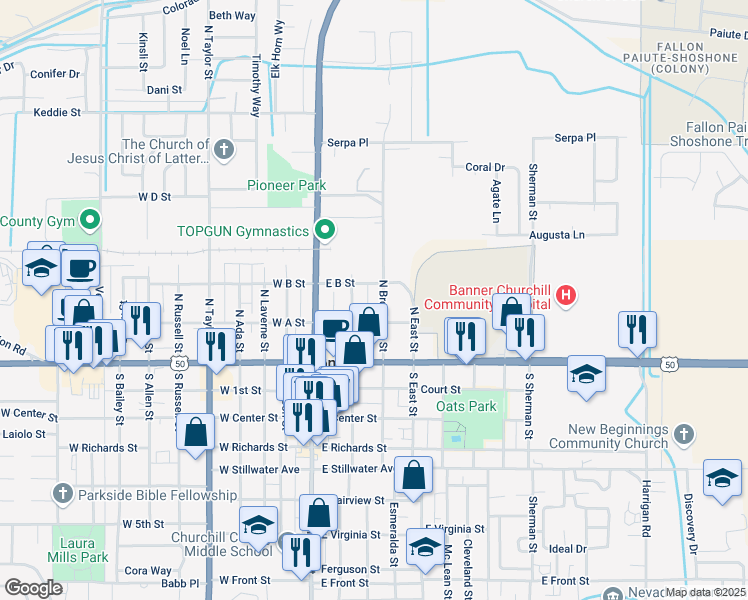 map of restaurants, bars, coffee shops, grocery stores, and more near 161 N Broadway St in Fallon
