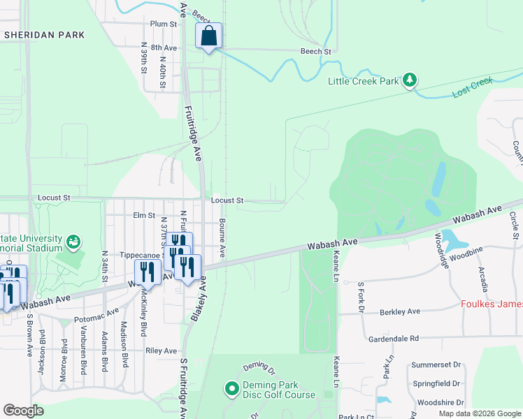 map of restaurants, bars, coffee shops, grocery stores, and more near 4109 Locust Street in Terre Haute
