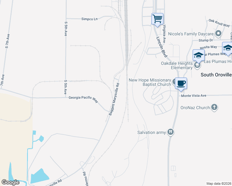 map of restaurants, bars, coffee shops, grocery stores, and more near Baggett Marysville Road in Oroville