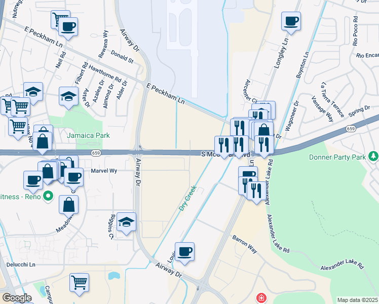 map of restaurants, bars, coffee shops, grocery stores, and more near 4383 South McCarran Boulevard in Reno