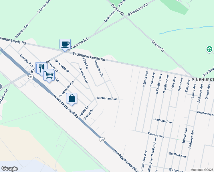 map of restaurants, bars, coffee shops, grocery stores, and more near 344 Meadows Drive in Galloway