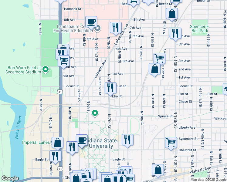 map of restaurants, bars, coffee shops, grocery stores, and more near 821 North 7th Street in Terre Haute