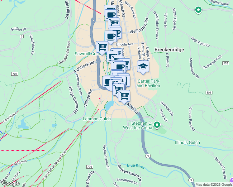 map of restaurants, bars, coffee shops, grocery stores, and more near 505 South Main Street in Breckenridge