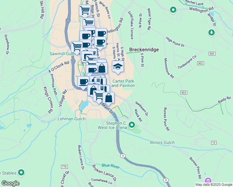 map of restaurants, bars, coffee shops, grocery stores, and more near 520 South French Street in Breckenridge