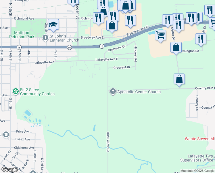 map of restaurants, bars, coffee shops, grocery stores, and more near 620 Odd Fellow Road in Mattoon
