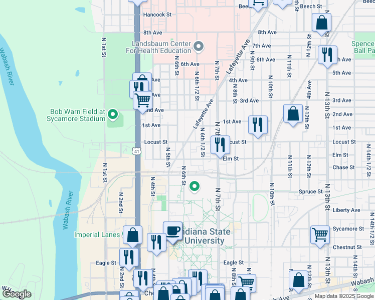 map of restaurants, bars, coffee shops, grocery stores, and more near 825 North 6th Street in Terre Haute