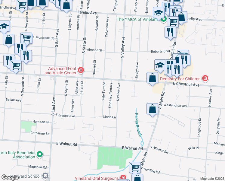 map of restaurants, bars, coffee shops, grocery stores, and more near 711 Embassy Terrace in Vineland