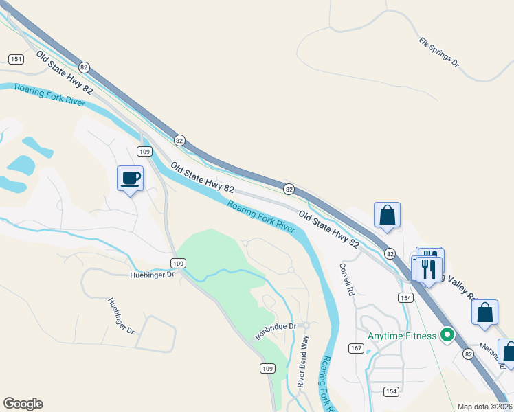 map of restaurants, bars, coffee shops, grocery stores, and more near 4841 County Road 154 in Glenwood Springs