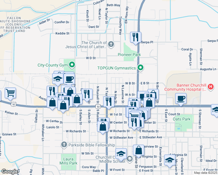 map of restaurants, bars, coffee shops, grocery stores, and more near 165 North Ada Street in Fallon