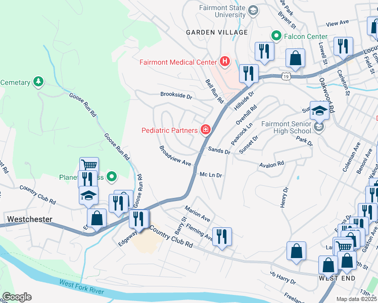 map of restaurants, bars, coffee shops, grocery stores, and more near 5-121 Circle Drive in Fairmont