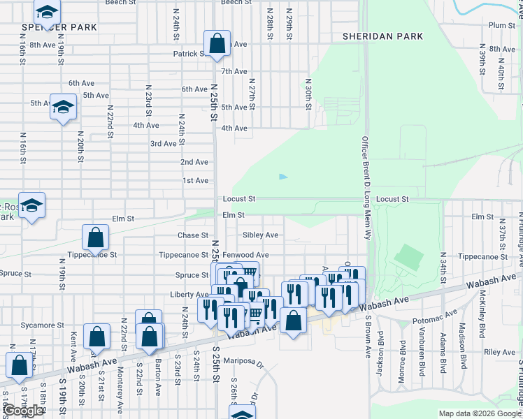 map of restaurants, bars, coffee shops, grocery stores, and more near National Road Heritage Trail (Terre Haute) in Terre Haute
