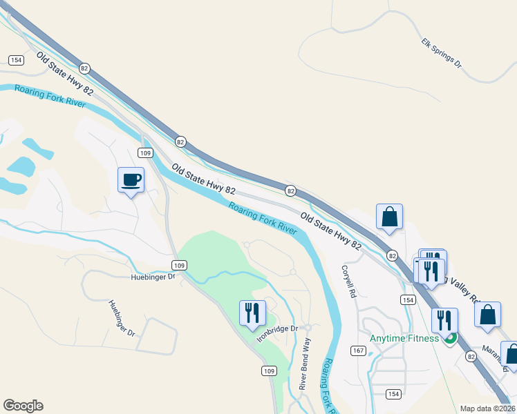 map of restaurants, bars, coffee shops, grocery stores, and more near 4841 County Road 154 in Glenwood Springs