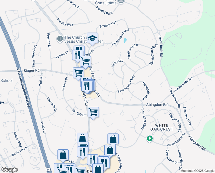 map of restaurants, bars, coffee shops, grocery stores, and more near 2931 Haddington Court in Abingdon
