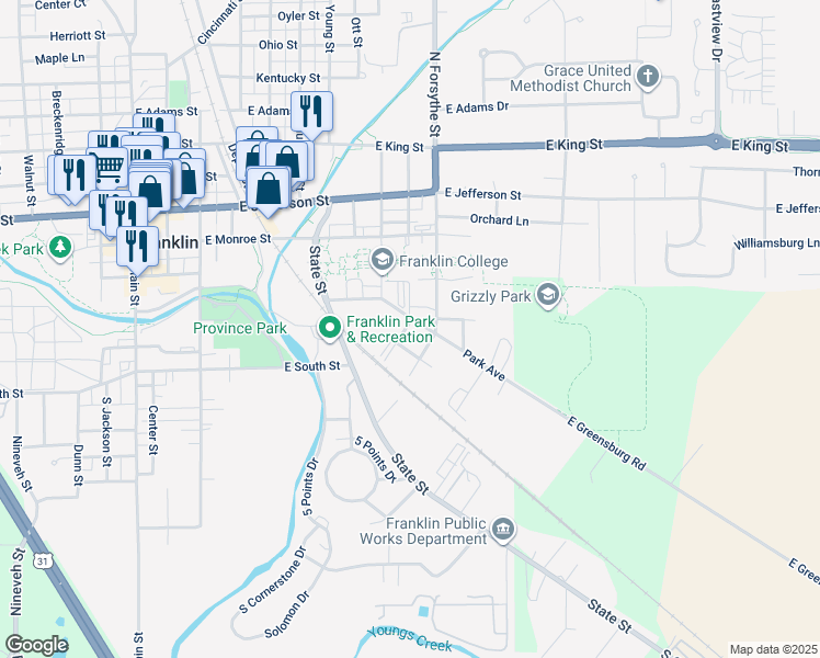 map of restaurants, bars, coffee shops, grocery stores, and more near 349 1st Street in Franklin