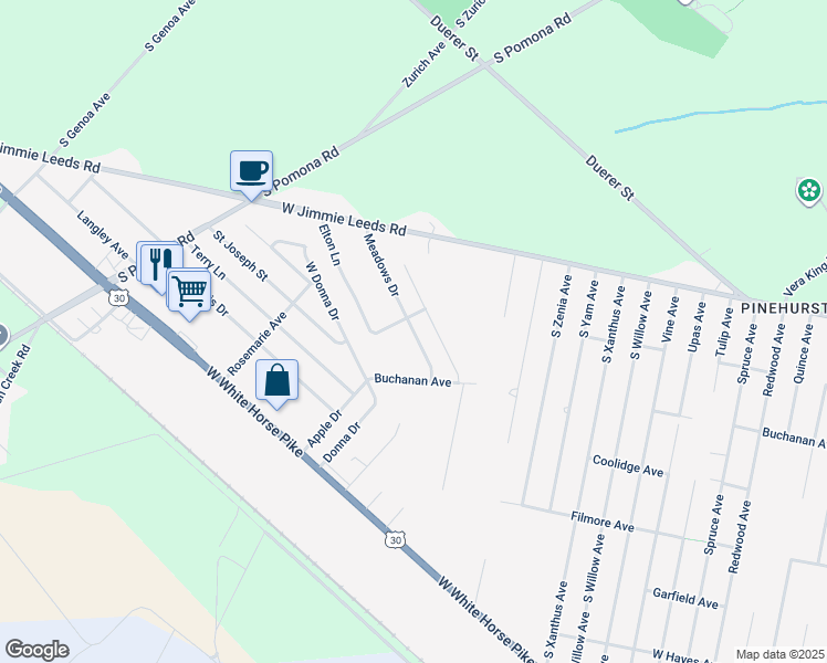 map of restaurants, bars, coffee shops, grocery stores, and more near 344 Meadows Drive in Galloway