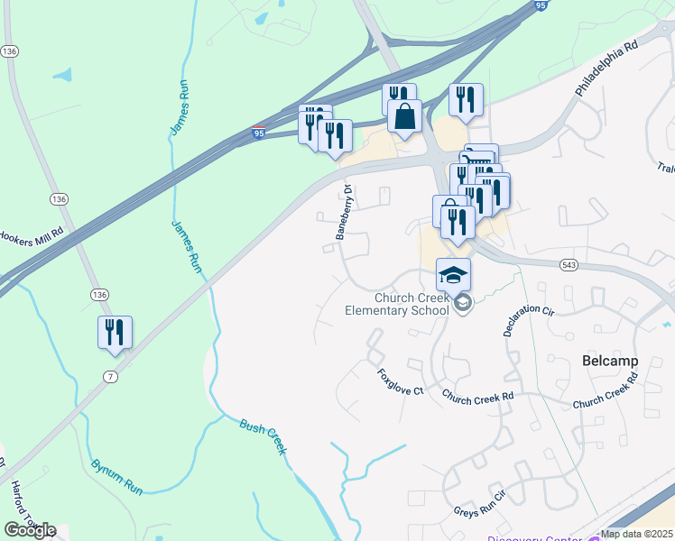 map of restaurants, bars, coffee shops, grocery stores, and more near 1303 Clary Court in Belcamp