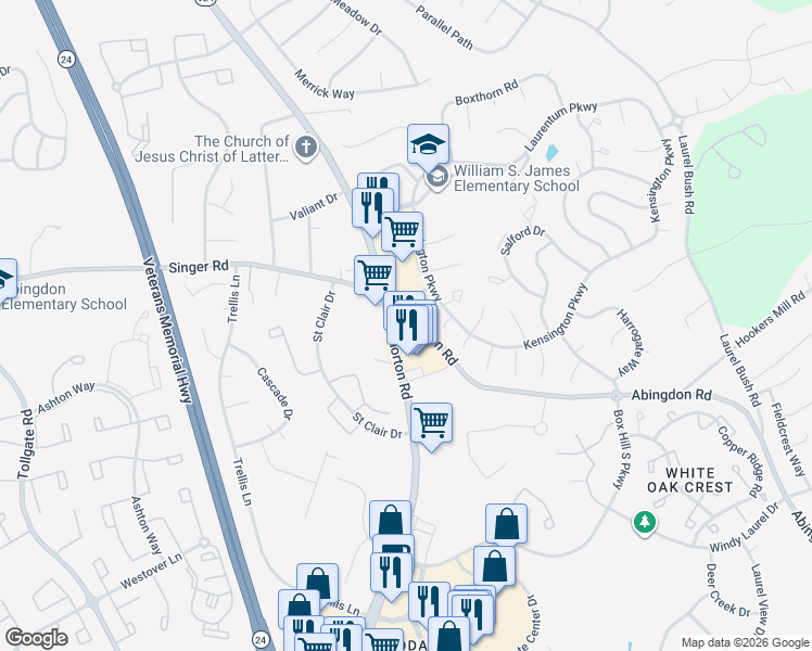 map of restaurants, bars, coffee shops, grocery stores, and more near 3005 Emmorton Road in Abingdon