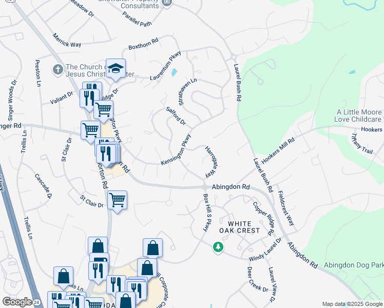 map of restaurants, bars, coffee shops, grocery stores, and more near 2954 Harrogate Way in Abingdon