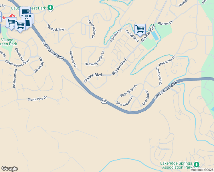 map of restaurants, bars, coffee shops, grocery stores, and more near 3860 Piccadilly Drive in Reno