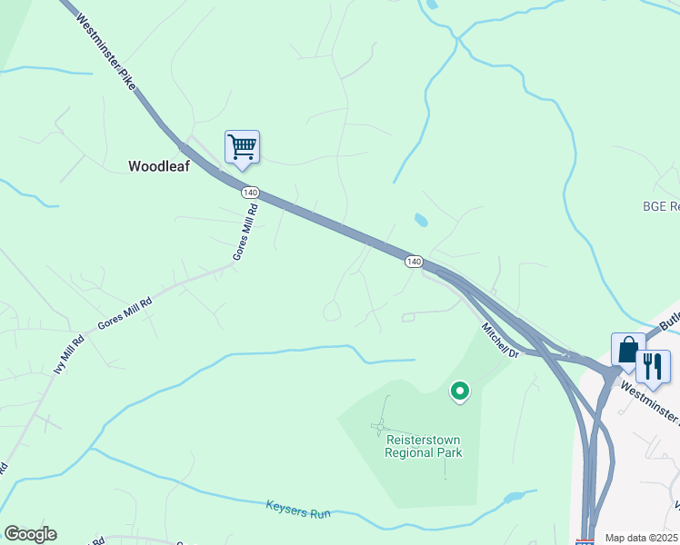 map of restaurants, bars, coffee shops, grocery stores, and more near 615 Westminster Pike in Reisterstown