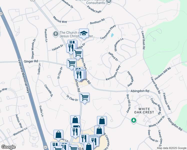 map of restaurants, bars, coffee shops, grocery stores, and more near 2930 Haddington Court in Abingdon