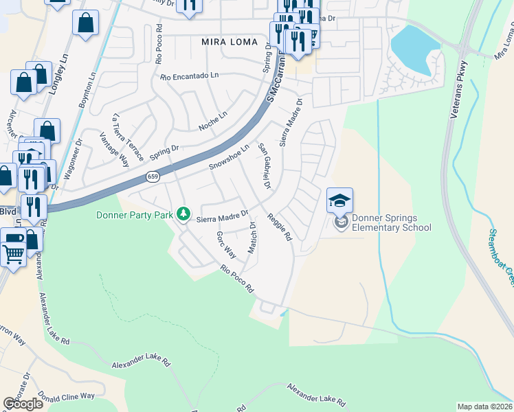 map of restaurants, bars, coffee shops, grocery stores, and more near 4320 Sierra Madre Drive in Reno