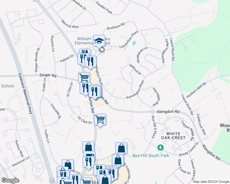 map of restaurants, bars, coffee shops, grocery stores, and more near 2931 Haddington Court in Abingdon