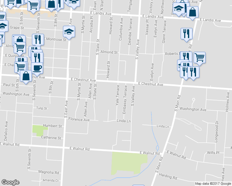 map of restaurants, bars, coffee shops, grocery stores, and more near 712 Yale Terrace in Vineland