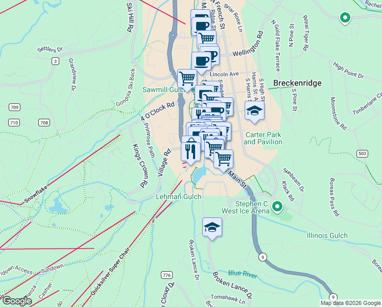 map of restaurants, bars, coffee shops, grocery stores, and more near 600 Colorado 9 in Breckenridge