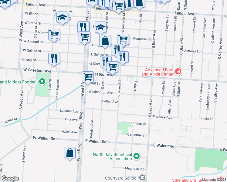 map of restaurants, bars, coffee shops, grocery stores, and more near 626 Washington Avenue in Vineland