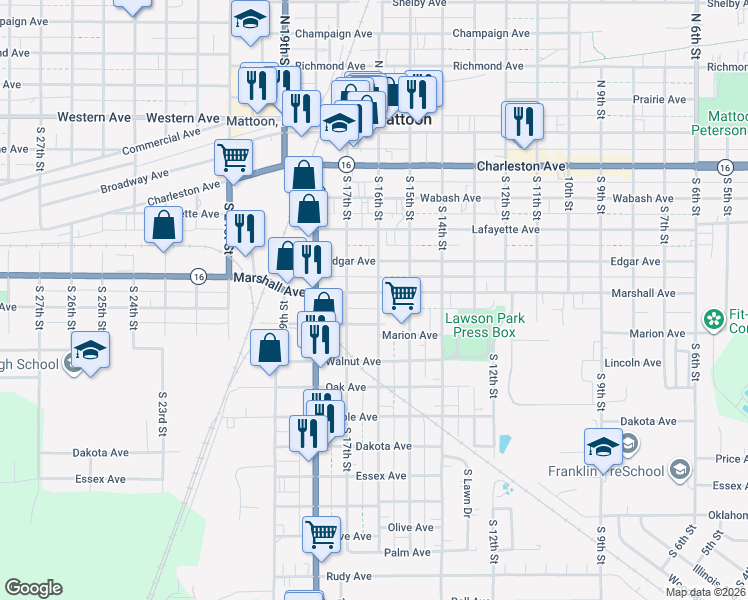 map of restaurants, bars, coffee shops, grocery stores, and more near 601-699 South 16th Street in Mattoon