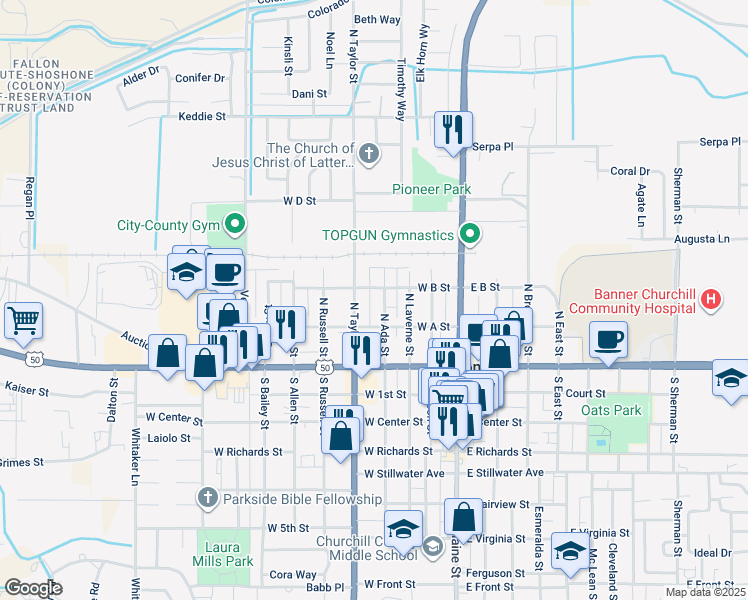 map of restaurants, bars, coffee shops, grocery stores, and more near 165 North Ada Street in Fallon