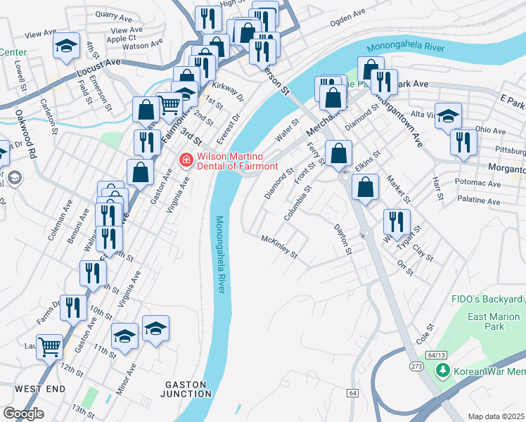 map of restaurants, bars, coffee shops, grocery stores, and more near 800 Arlington Court in Fairmont