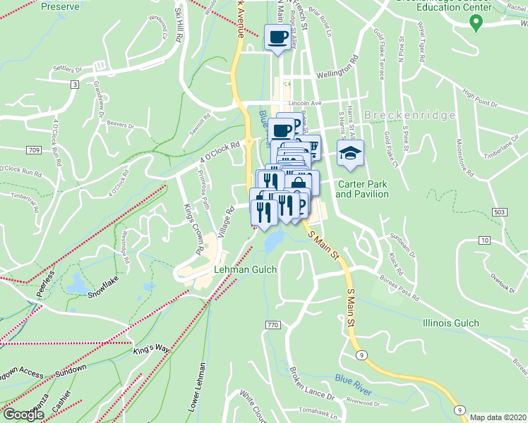 map of restaurants, bars, coffee shops, grocery stores, and more near 600 Colorado 9 in Breckenridge