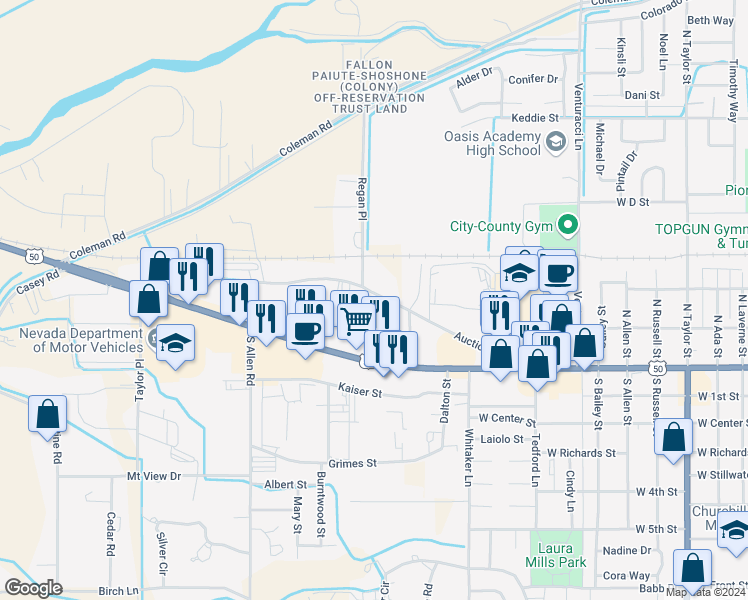 map of restaurants, bars, coffee shops, grocery stores, and more near 1635 Auction Road in Fallon