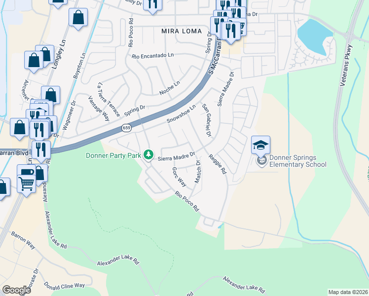 map of restaurants, bars, coffee shops, grocery stores, and more near 4220 Bismarck Drive in Reno