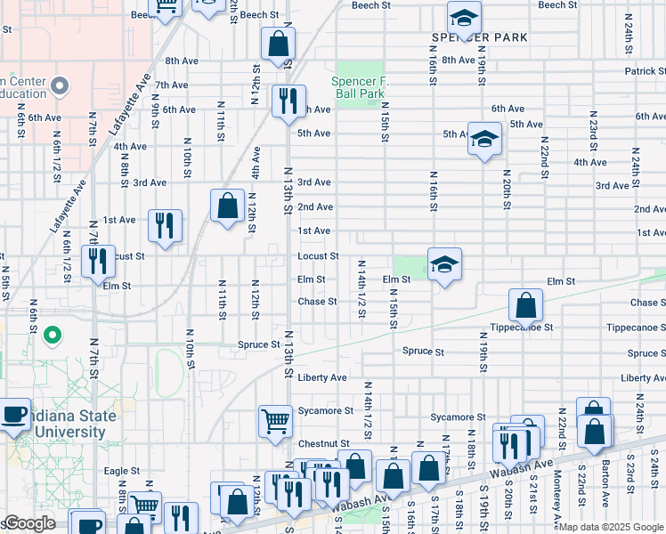 map of restaurants, bars, coffee shops, grocery stores, and more near 803 North 13th 1/2 Street in Terre Haute