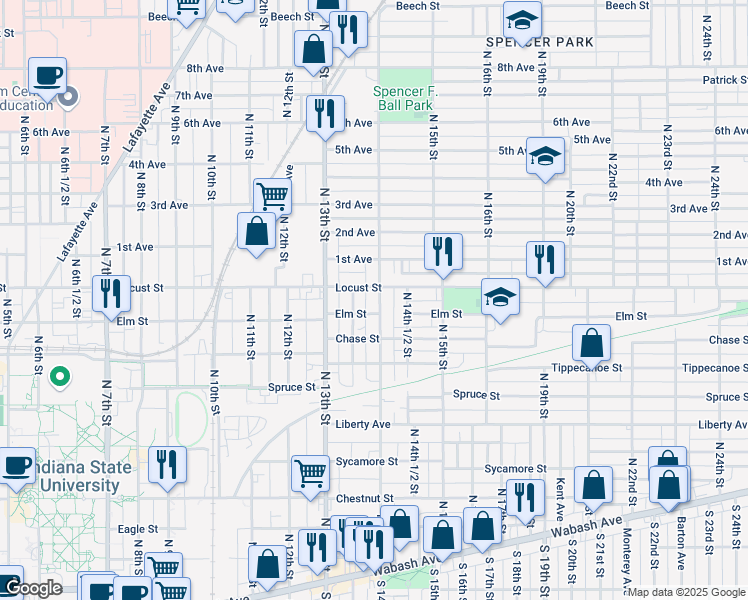 map of restaurants, bars, coffee shops, grocery stores, and more near 803 North 13th 1/2 Street in Terre Haute