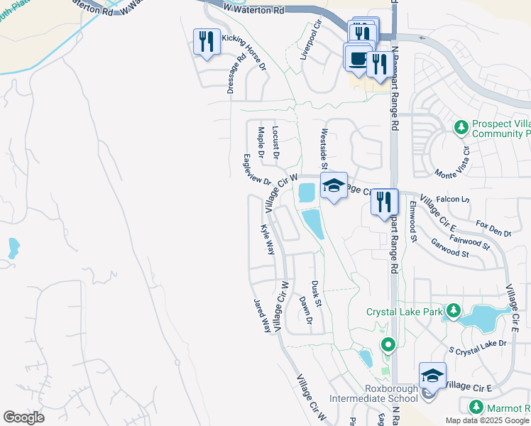 map of restaurants, bars, coffee shops, grocery stores, and more near 7915 Village Circle West in Littleton