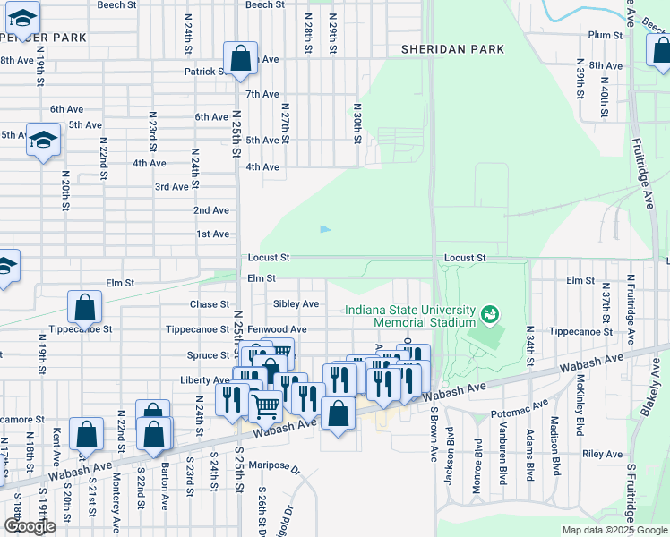 map of restaurants, bars, coffee shops, grocery stores, and more near 2800 Elm Street in Terre Haute