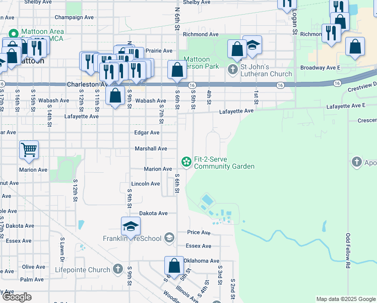 map of restaurants, bars, coffee shops, grocery stores, and more near 23-99 Lafayette Meadows in Mattoon