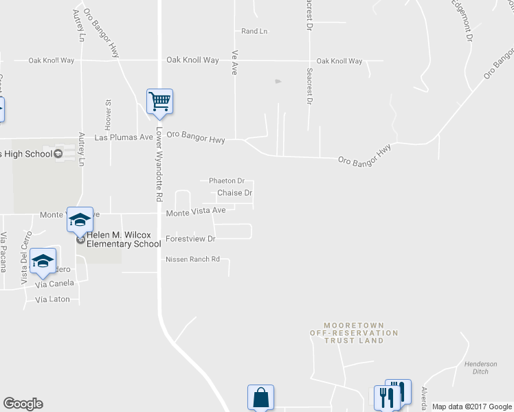 map of restaurants, bars, coffee shops, grocery stores, and more near 5671 Coach Drive in Oroville