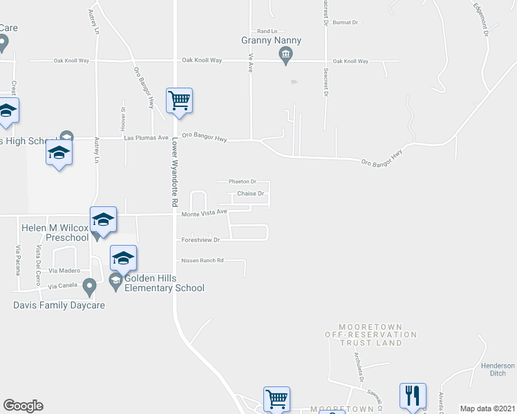 map of restaurants, bars, coffee shops, grocery stores, and more near 2655 Brougham Drive in Oroville