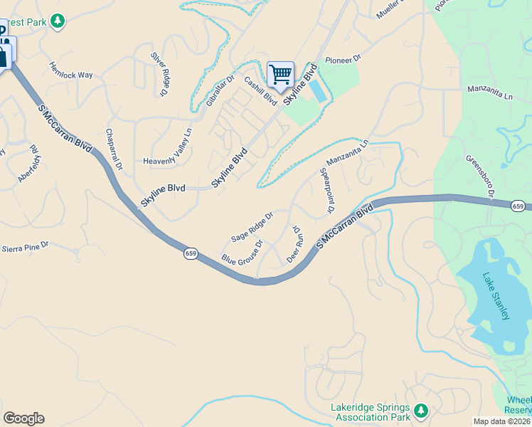 map of restaurants, bars, coffee shops, grocery stores, and more near 2861 Sage Ridge Drive in Reno