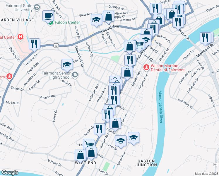 map of restaurants, bars, coffee shops, grocery stores, and more near 604 7th Street in Fairmont