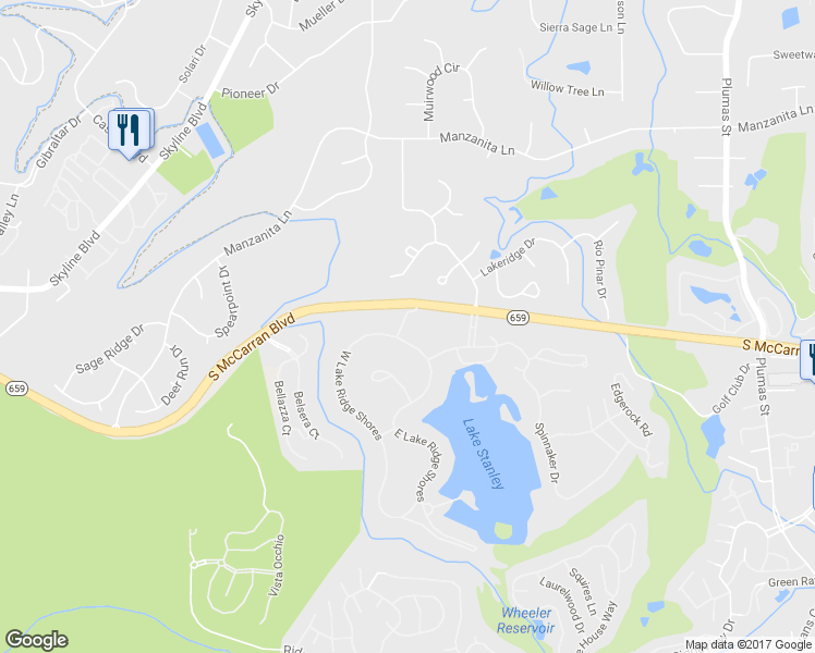 map of restaurants, bars, coffee shops, grocery stores, and more near 2525 West Lake Ridge Shores in Reno